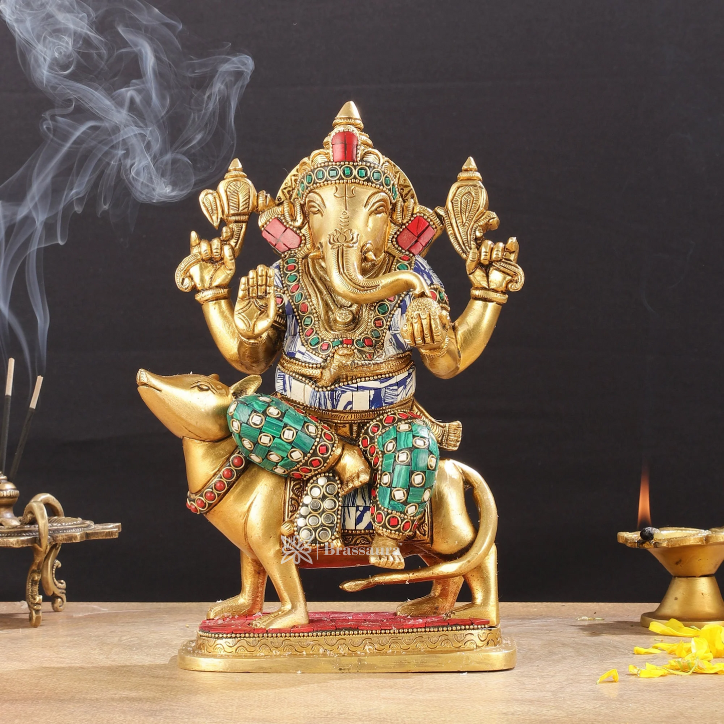 Brassaura™ Brass Ganesha on Mouse – Meenakari Work | Height 10 Inches, Weight 4 Kgs