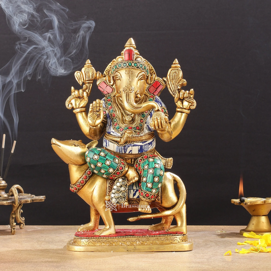 Brassaura™ Brass Ganesha on Mouse – Meenakari Work | Height 10 Inches, Weight 4 Kgs