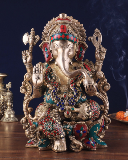 Brassaura™ Handcrafted Pure Brass Ganesha Idol with Meenakari Stonework – 12.25" Height, 8 kg – Lotus Base Masterpiece