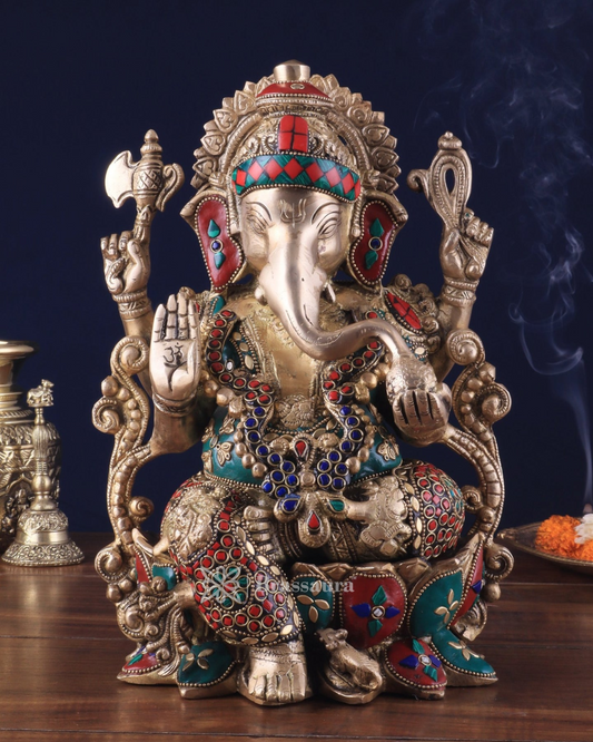 Brassaura™ Handcrafted Pure Brass Ganesha Idol with Meenakari Stonework – 12.25" Height, 8 kg – Lotus Base Masterpiece