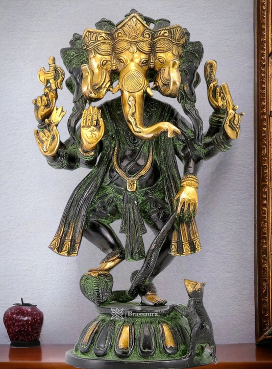 Brassaura™ Brass Panchmukhi Dancing Ganesha – Antique Green & Gold Finish | Height 15 Inches, Weight 8 Kgs