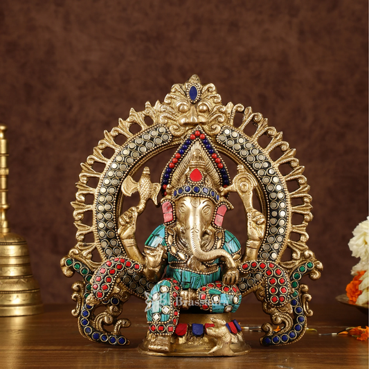 Brassaura™ Handcrafted Brass Ganesha Idol – Meenakari Stonework | Height 9.5 Inches, Weight 3 Kgs