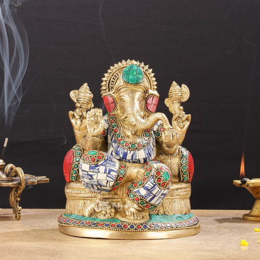 Brassaura™ Pure Brass Lord Ganesha Statue – Mosaic Work | Height 8 Inches, Weight 3.5 Kgs