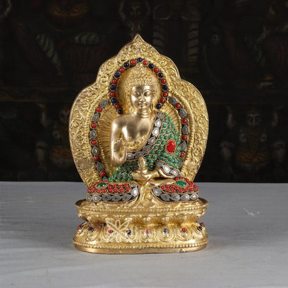 Brass Blessing Gem Stone Work Multicolored Buddha Weight 4.9 kg & Height 10 Inch