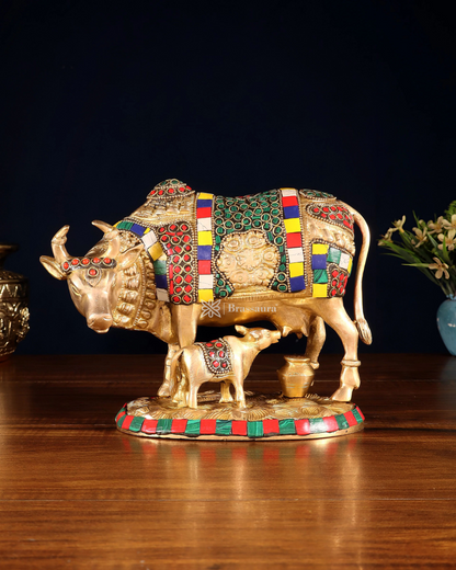 Brassaura™ Brass Kamdhenu Cow with Calf – Meenakari Stonework | 7 Inches Height | 3.25 Kgs Weight | Symbol of Prosperity & Protection