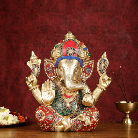 Brassaura™ Large Pure Brass Ganapati Statue – Height 15 Inches, Weight 14.5 Kgs | Multicolor Stonework
