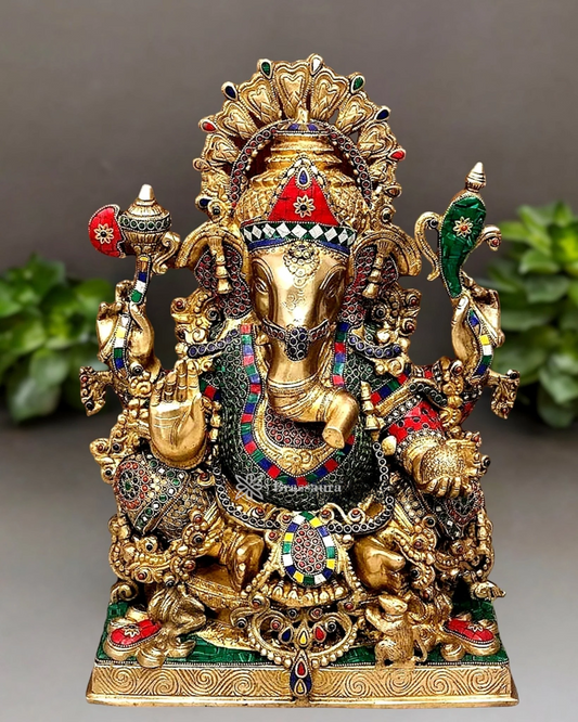 Brassaura™ Large Brass Ganapati Blessing Idol with Intricate Stonework – 21 Inch Height | 28 Kg | Majestic Spiritual Decor