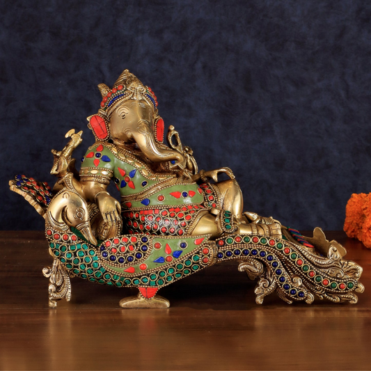 Brassaura™ Handcrafted Brass Ganapathi on Peacock Throne – 7.5 Inch Height | 4.5 kg | Multicoloured Stonework | Spiritual & Home Décor