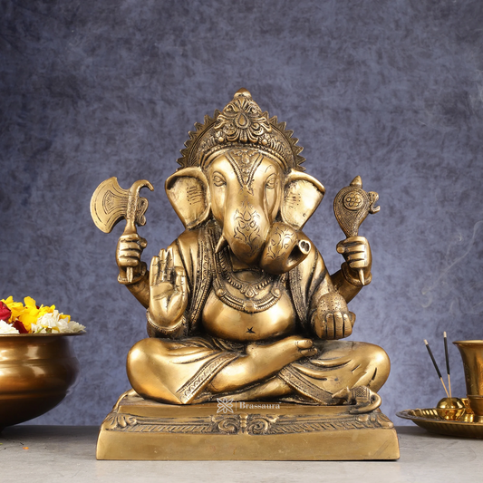 Brassaura™ Pure Brass Dagduseth Ganapati Idol – Height 14 Inches, Weight 13.65 Kgs