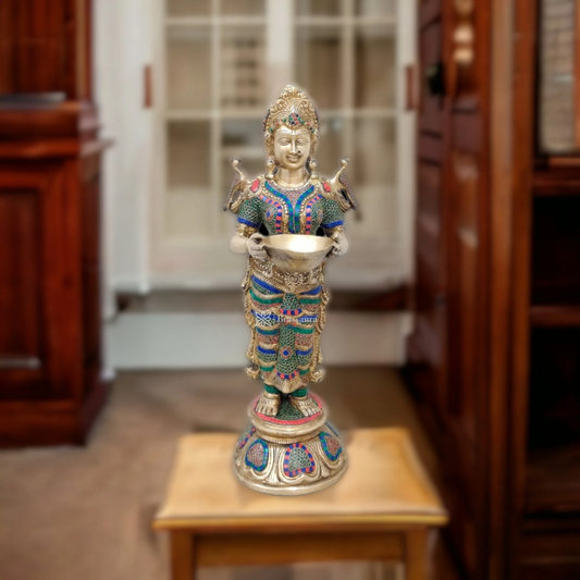 Brassaura™ Superfine Brass Lakshmi Deepam Lamp with Natural Stone Inlay | 30 Inches Height | 17 Kgs Weight | Traditional Decor & Gifting