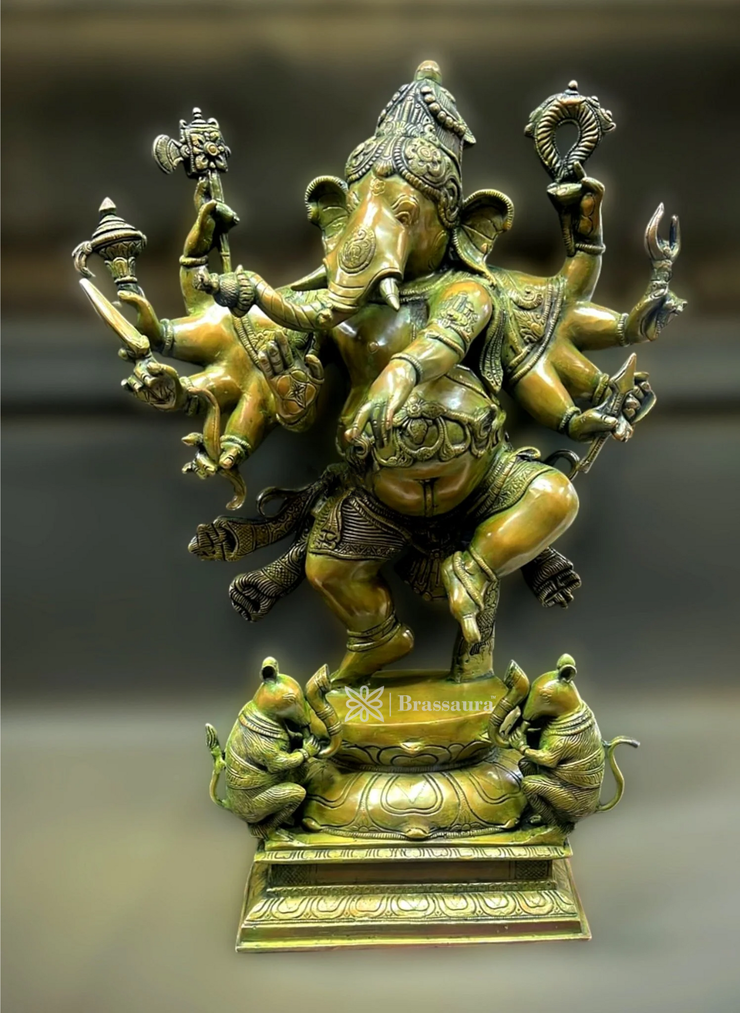Brassaura™ Hoysala Style Brass Ganesha Statue with Antique Bronze Patina – 26 Inch Height | 27 Kg | Traditional South Indian Design