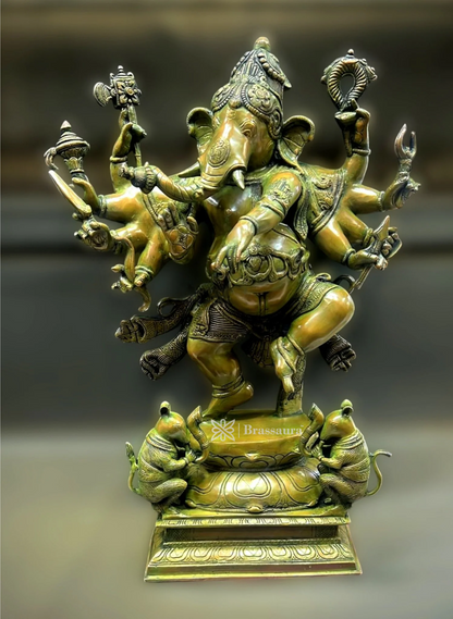 Brassaura™ Hoysala Style Brass Ganesha Statue with Antique Bronze Patina – 26 Inch Height | 27 Kg | Traditional South Indian Design