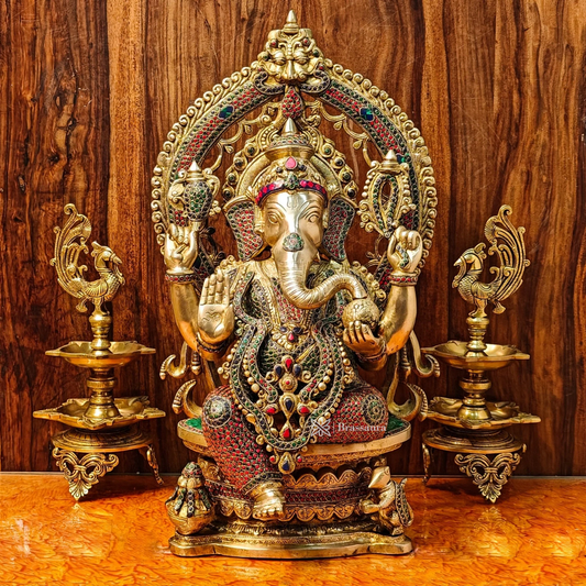 Brassaura™ Brass Ganesha Statue with Lotus Throne & Prabhavali – 26 Inch Height | 35 Kg | Modak & Mooshak Details
