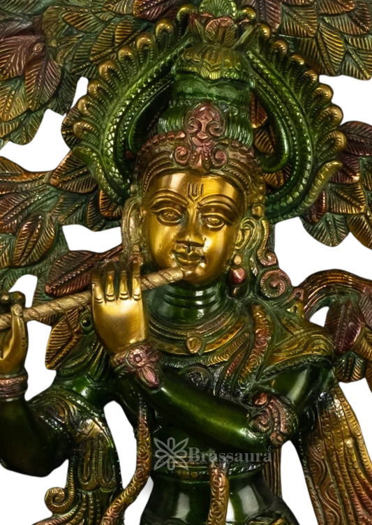 Brassaura® Lord Krishna Playing Flute Under Kadamba Tree Idol | Pure Brass Handcrafted Murti | Krishna Statue for Home Temple, Living Room & Spiritual Décor | Height 24 Inches | Weight 12 Kgs