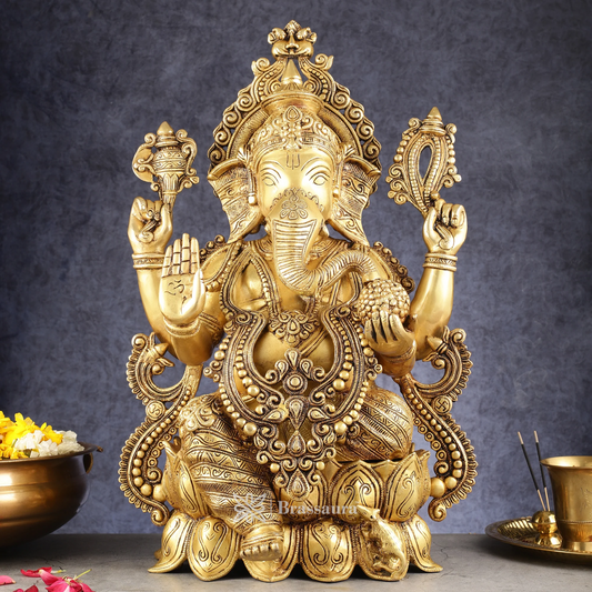 Brassaura™ Handcrafted Brass Ganesha on Lotus Pedestal – Height 21 Inches, Weight 22 Kgs