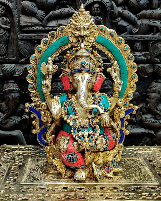 Brassaura™ Pure Brass Ganapati Statue on Lotus Throne with Prabhavali – 15.5 Inch Height | 12 Kg | Meenakari Stonework