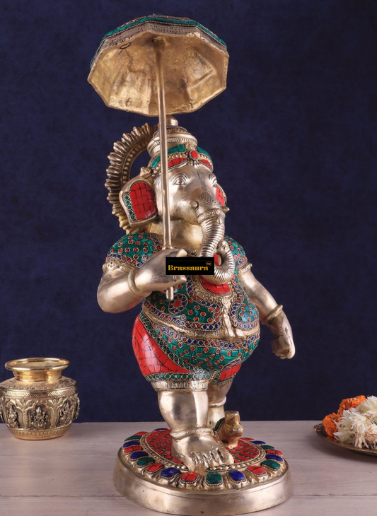 Brassaura™ Brass Lord Ganesha Holding Umbrella – 24" Height, 14 kg – Meenakari Stonework Masterpiece