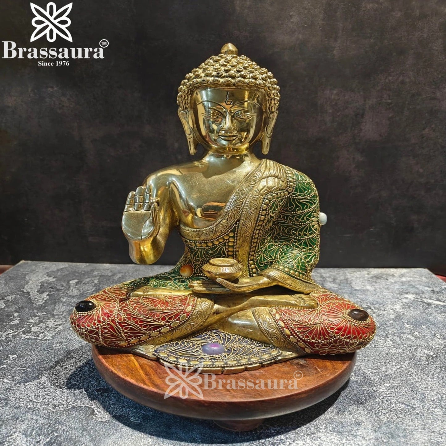 Brass Blessing Gem Stone Work Buddha Weight 5.8 kg & Height 12 Inch