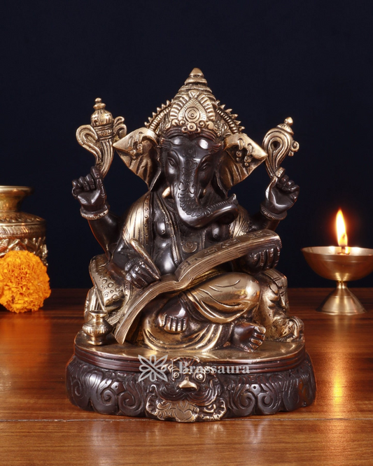 Brassaura™ Brass Lord Ganesha Writing Statue – 7.5" Height, 2.8 kg – Black Tone Finish | Symbol of Wisdom & Learning