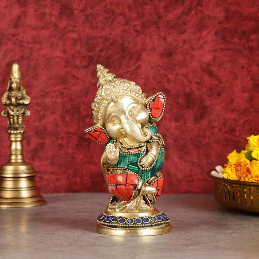 Brassaura™ Baby Ganesha Aashirwad Brass Idol – Height 5 Inches, Weight 1 Kg | Office & Home Décor