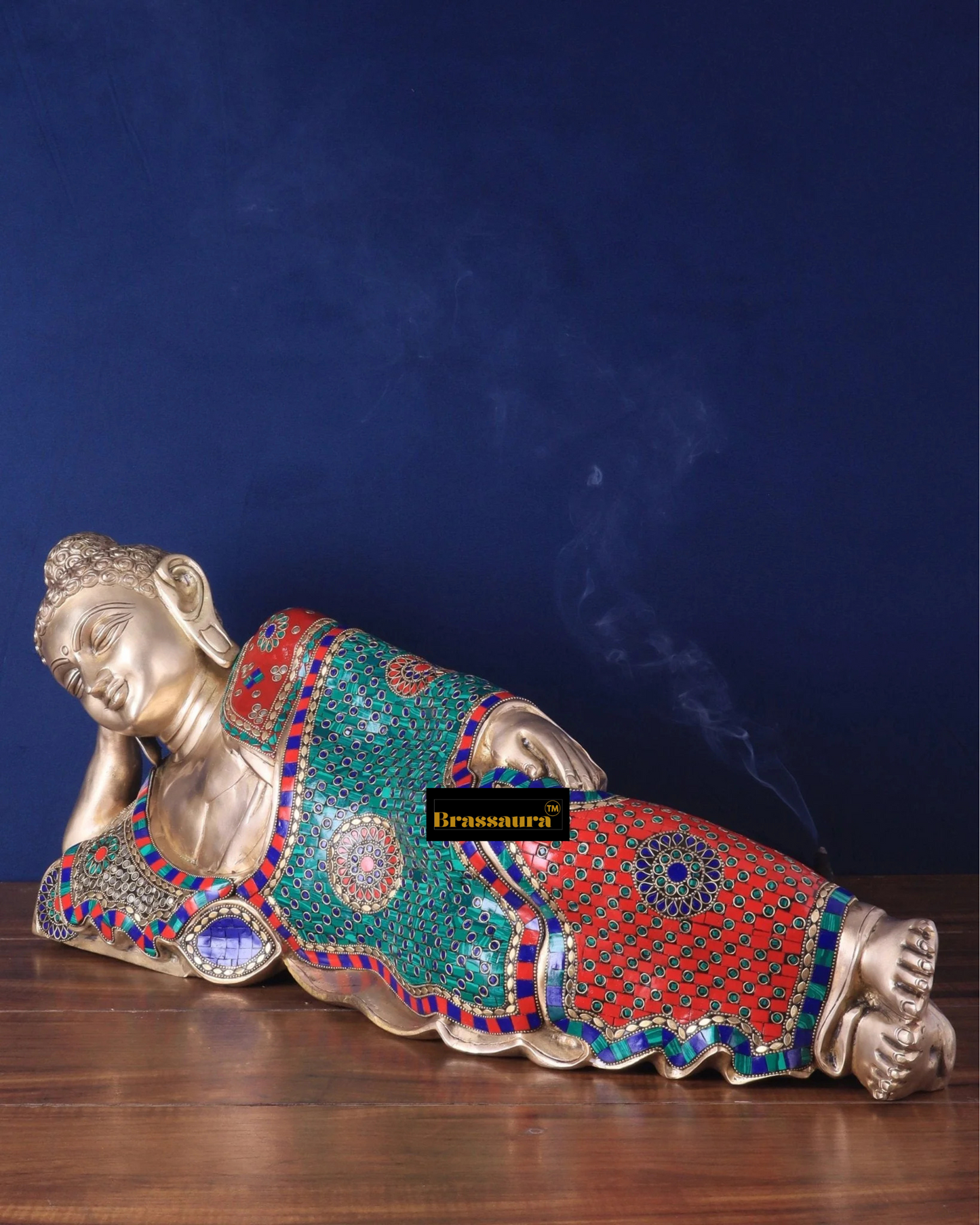 Brassaura™ Brass Resting Buddha Idol with Meenakari Stonework – Height 12 Inches, Weight 18 Kgs