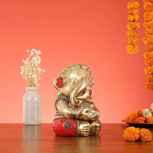 Brassaura™ Pure Brass Baby Ganesha Idol in Meditation with Natural Stones – Height 9 Inches, Weight 5 Kgs