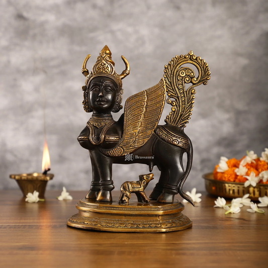 Brassaura™ Handcrafted Brass Kamdhenu Cow with Calf Statue | 10 Inches Height | 5 Kgs Weight | Elegant Black & Gold Finish