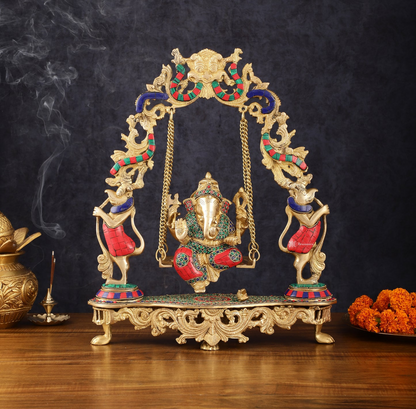 Brassaura™ Magnificent Brass Lord Ganesha Swing – 18" Height, 7.5 kg – Adorned with Multicolor Stonework