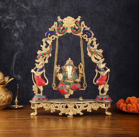 Brassaura™ Magnificent Brass Lord Ganesha Swing – 18" Height, 7.5 kg – Adorned with Multicolor Stonework