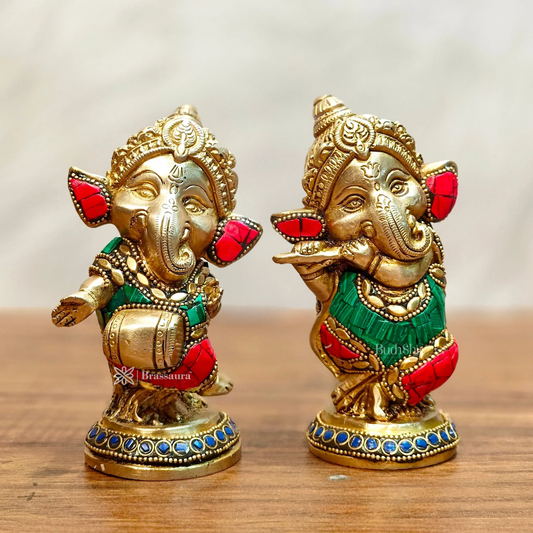 Brassaura™ Set of Baby Brass Ganesha Idols – Height 5 Inches, Total Weight 2.5 Kgs