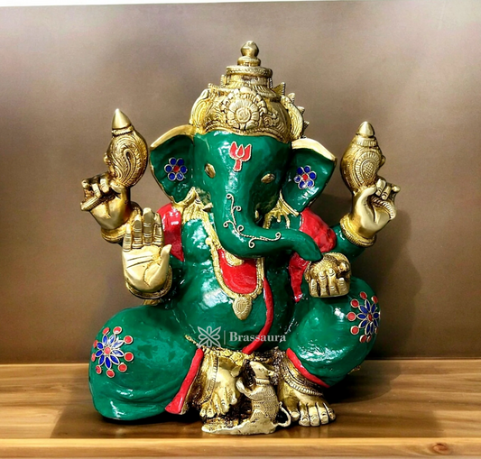 Brassaura™ Ganapati Aashirwad Brass Idol with Nepali Meenakari – 13 Inch Height | 12.5 Kg | Brass Rings & Natural Stone Inlay