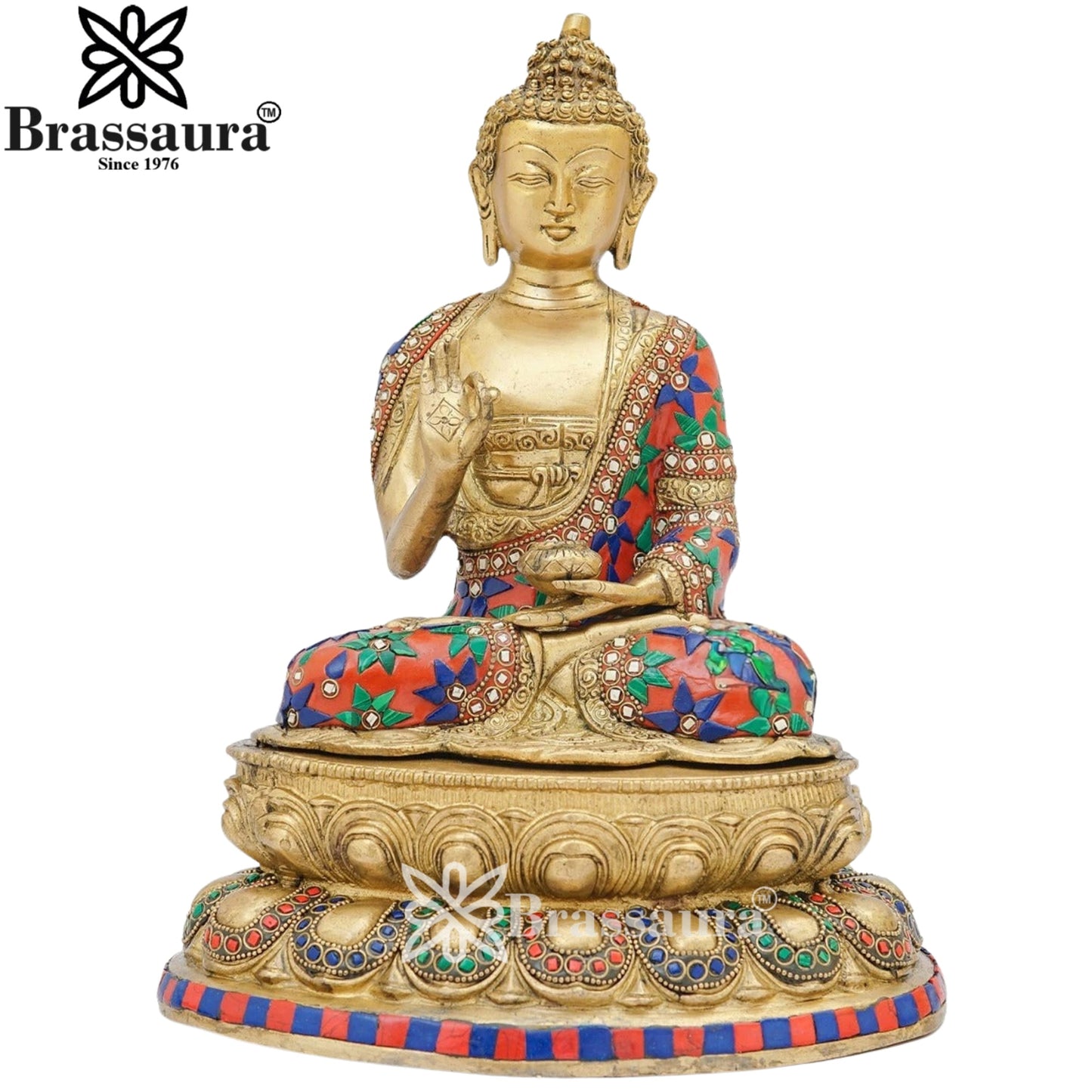 Brass Blessing Gem Stone Work Buddha Weight 5 kg & Height 13 Inch