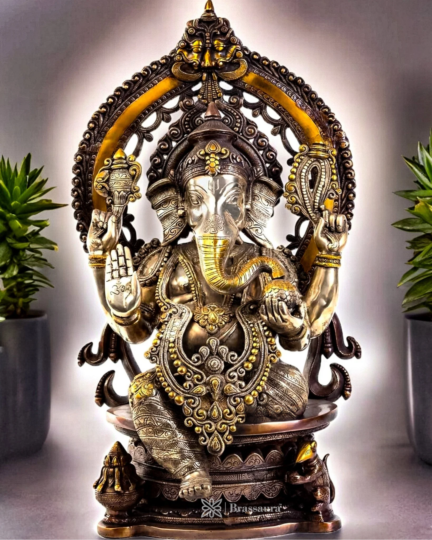 Brassaura™ Superfine Brass Ganesha Idol on Round Throne with Prabhavali – 26 Inch Height | 33 Kg | Three-Tone Finish with Modak & Mooshak