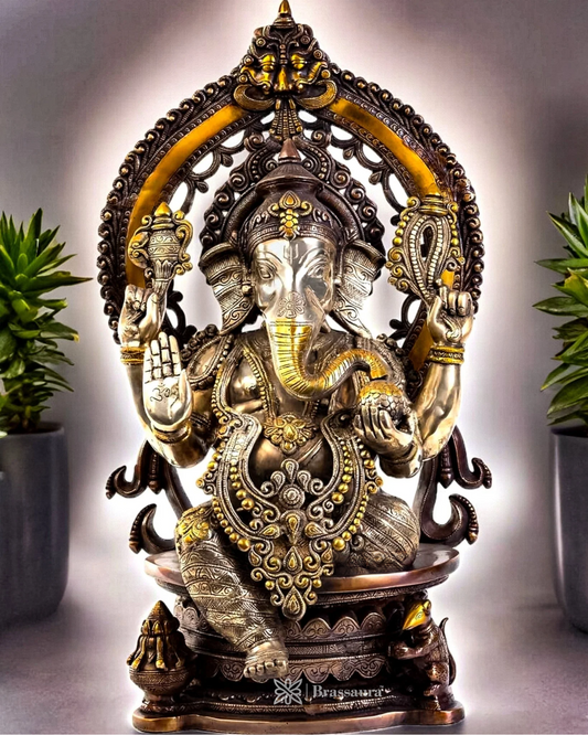 Brassaura™ Superfine Brass Ganesha Idol on Round Throne with Prabhavali – 26 Inch Height | 33 Kg | Three-Tone Finish with Modak & Mooshak