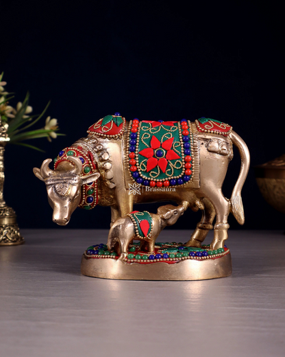 Brassaura™ Handcrafted Brass Kamdhenu Cow with Calf Idol | 3.8 Inches Height | 915g Weight | Symbol of Abundance & Blessings