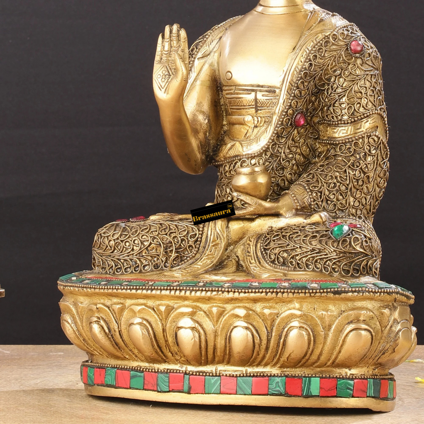 Brassaura™ Brass Buddha Statue with Stonework – Height 12 Inches & Weight 5.5 Kgs
