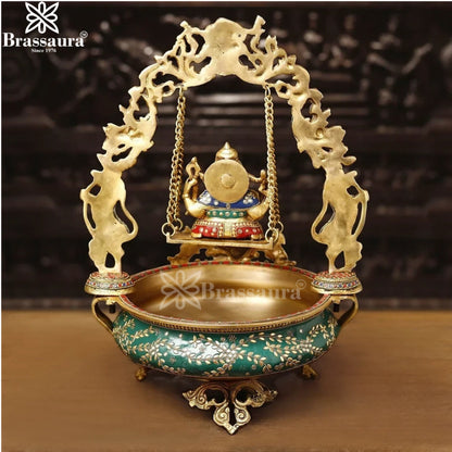 Brass Gem Stone Work Ganesha Urli Statue Weight 12.08 Kg And Height 20 Inch