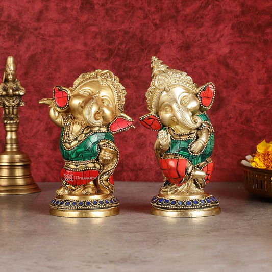 Brassaura™ Set of Baby Ganesha Brass Idols – Height 5 Inches, Total Weight 2.5 Kgs | Durable & Auspicious