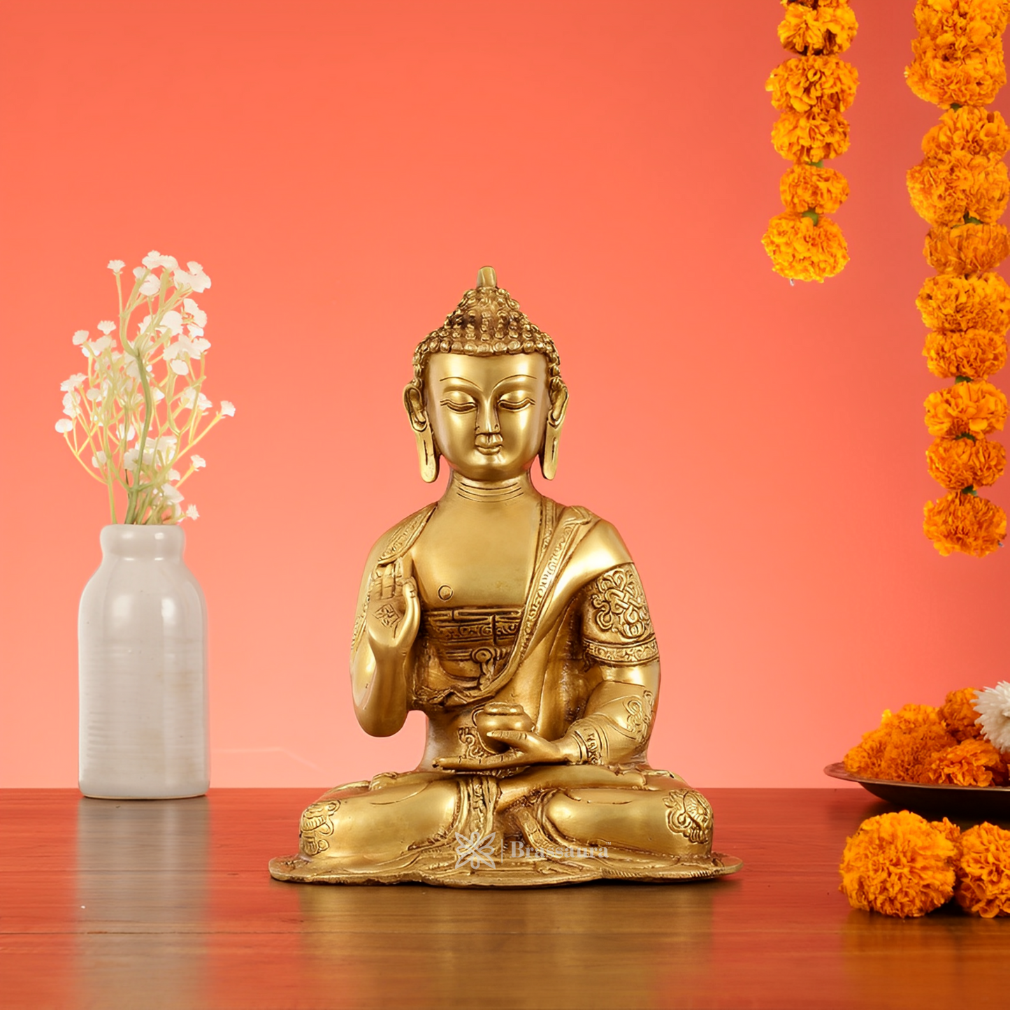 Brassaura™ Brass Buddha Idol in Abhaya Mudra – Height 10 Inches | Weight 2.8 Kgs | Spiritual Decor