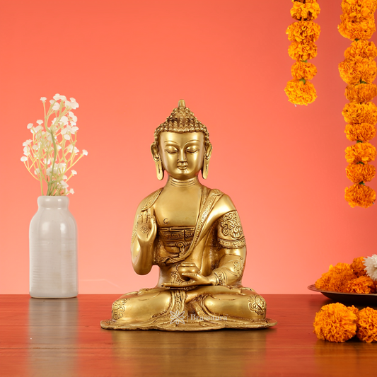 Brassaura™ Brass Buddha Idol in Abhaya Mudra – Height 10 Inches | Weight 2.8 Kgs | Spiritual Decor