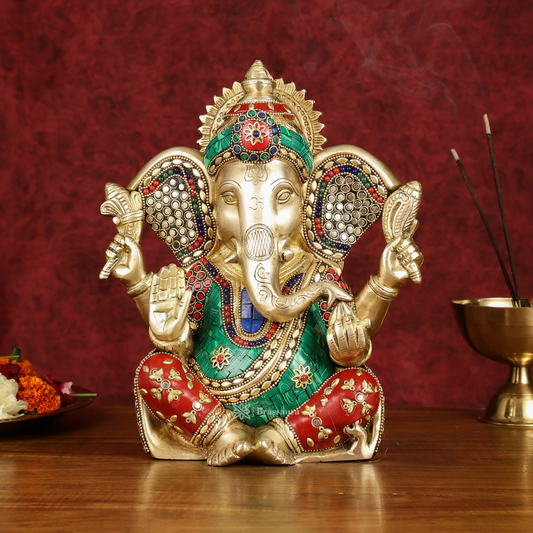 Brassaura™ Brass Lord Ganesha Statue – Meenakari Stonework | Height 10 Inches, Weight 5.15 Kgs