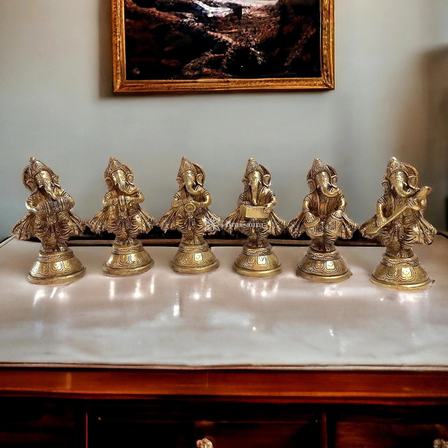 Brassaura™ Pure Brass Musician Ganesha Set of 6 – Height 6 Inches Each, Total Weight 4.5 Kgs