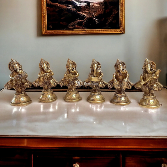 Brassaura™ Pure Brass Musician Ganesha Set of 6 – Height 6 Inches Each, Total Weight 4.5 Kgs