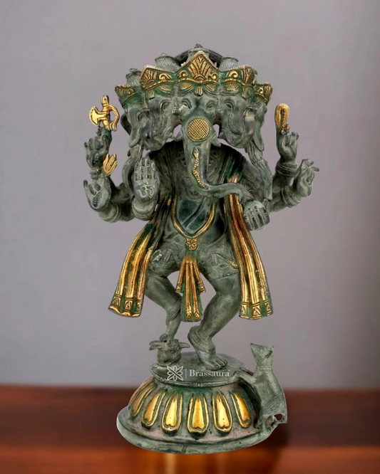 Brassaura™ Brass Panchmukhi Dancing Ganesha – Antique Finish | Height 15 Inches, Weight 8 Kgs
