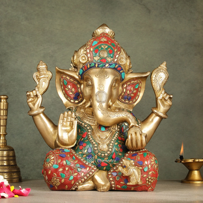 Brassaura™ Pure Brass Ganapati Idol – Stonework Detailing | Height 12.5 Inches, Weight 11 Kgs