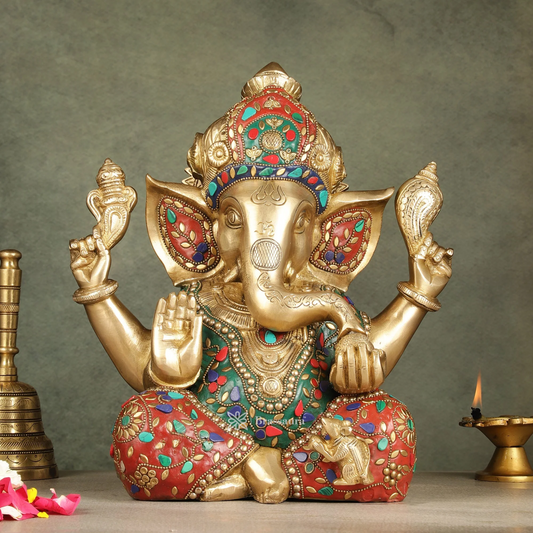 Brassaura™ Pure Brass Ganapati Idol – Stonework Detailing | Height 12.5 Inches, Weight 11 Kgs