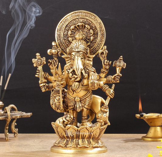 Brassaura™ Brass Kanadrishti Ganesha Idol with Lion – Height 8 Inches, Weight 2.6 Kgs