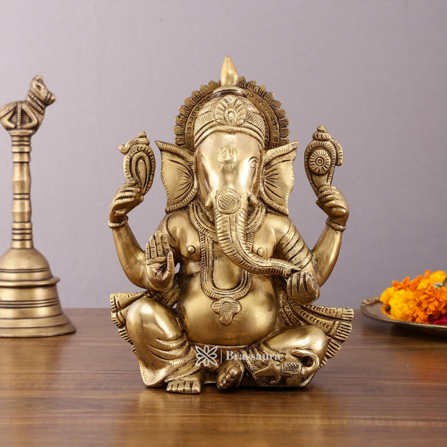 Brassaura™ Unique Brass Lord Ganesha Statue – 9.5" Height, 4.13 kg – Handcrafted Divine Elegance