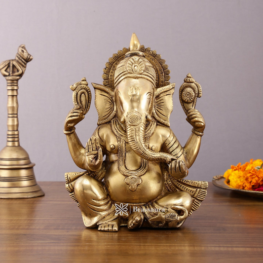 Brassaura™ Unique Brass Lord Ganesha Statue – 9.5" Height, 4.13 kg – Handcrafted Divine Elegance