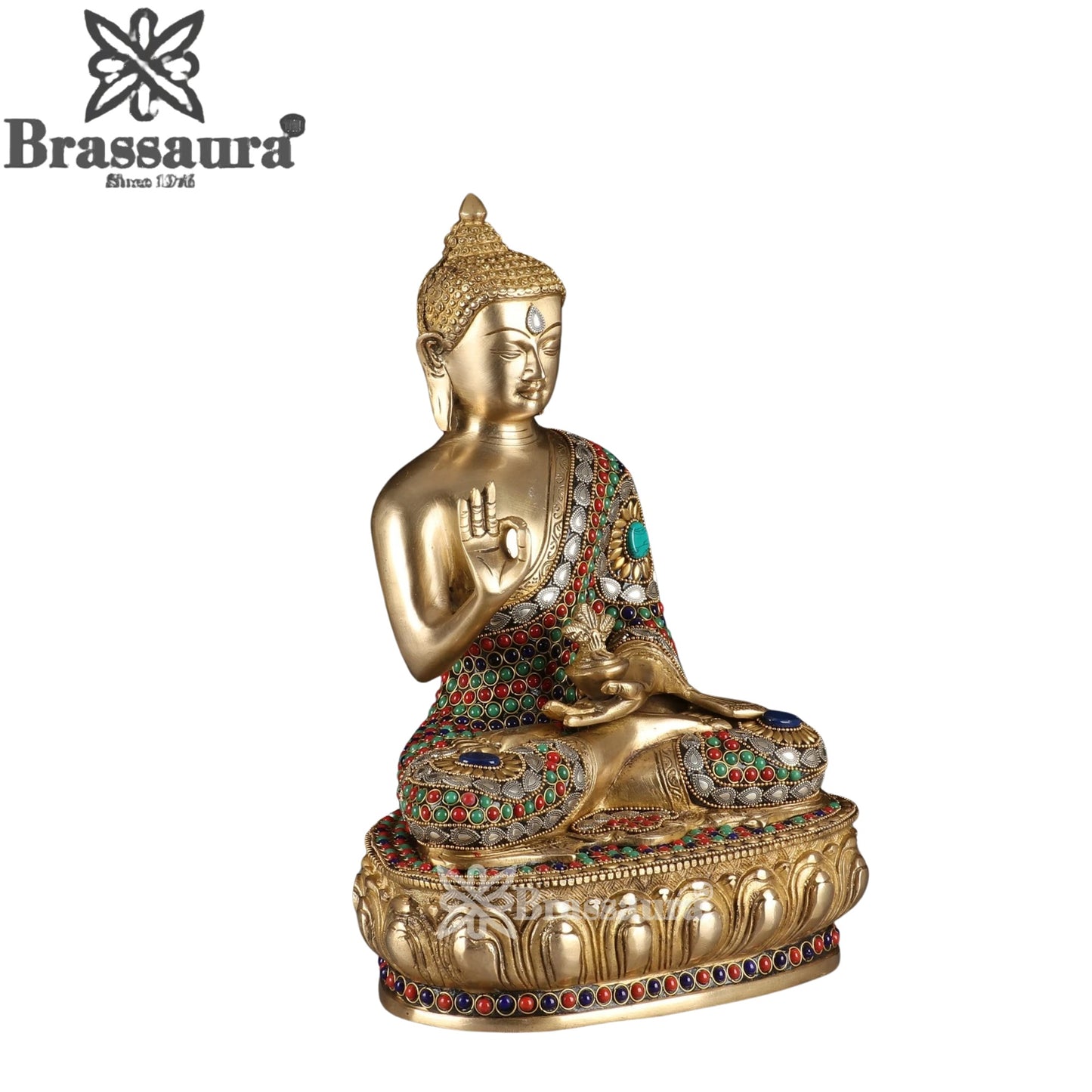 Brass Blessing Gem Stone Work Multicolored Buddha Weight 6.7 kg & Height 13 Inch
